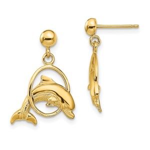 10K Polished Dolphin Jumping Through Hoop Earrings